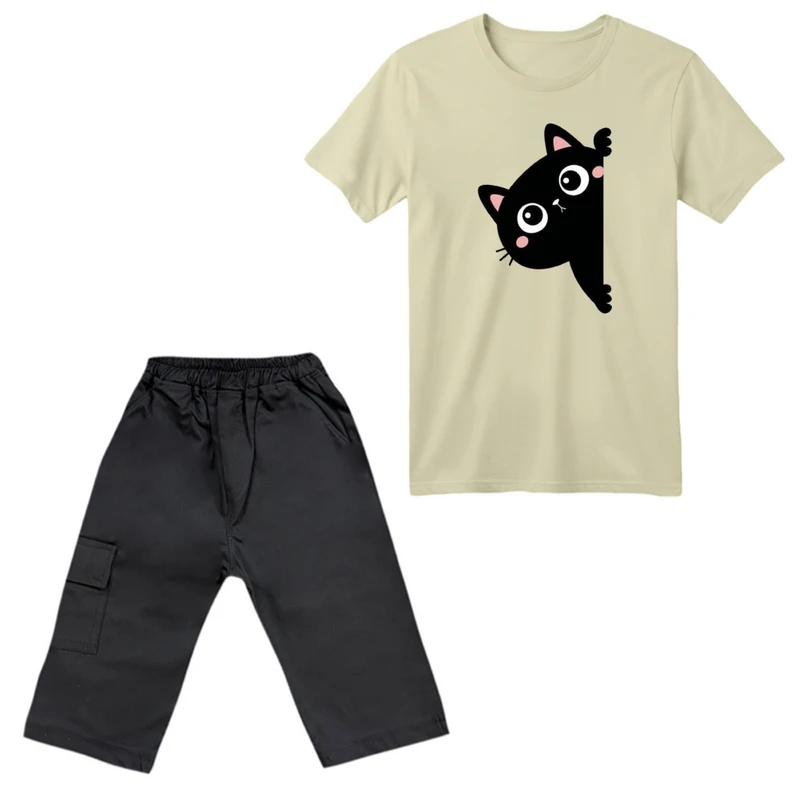 ست تی‌شرت آستین کوتاه و شلوارک پسرانه مدل گربه کد ۱۵ رنگ کرم