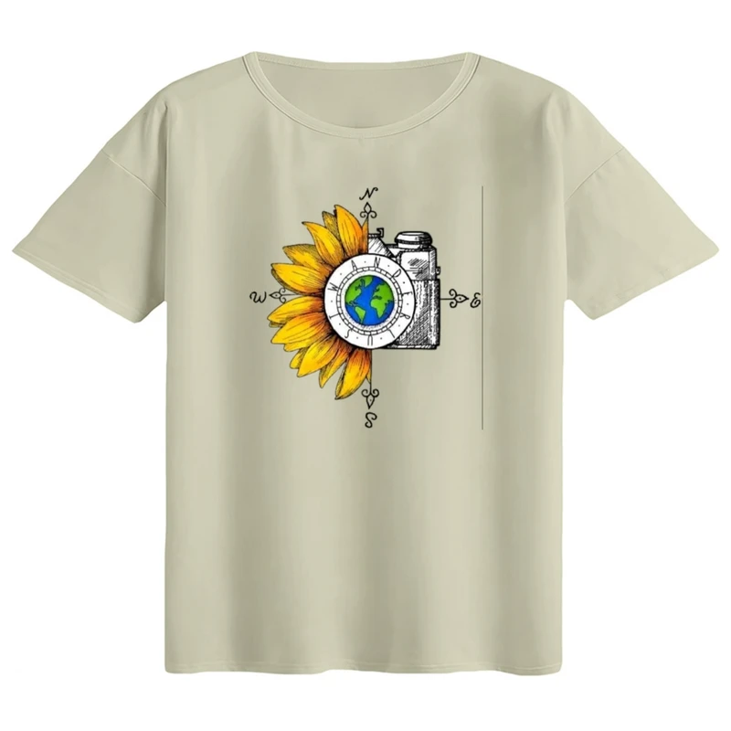 تی‌شرت اورسایز آستین کوتاه زنانه مدل باکسی طرح دوربین و آفتابگردان