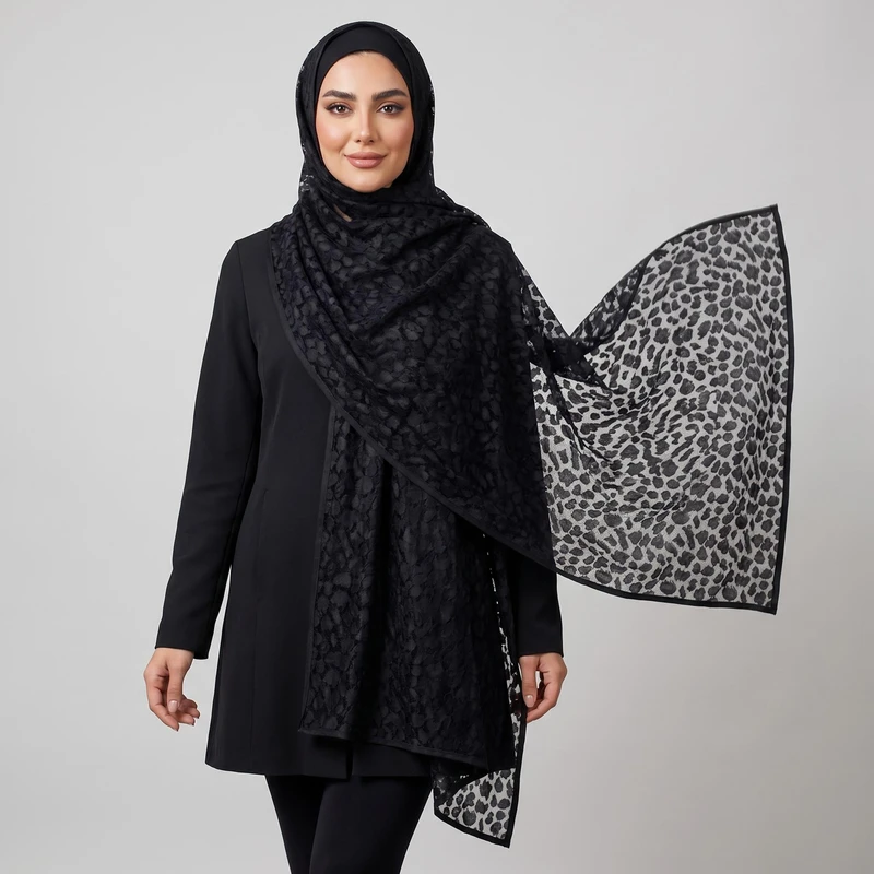 شال زنانه مدل توری پلنگی طرح برجسته نوار دوزی تابستانی