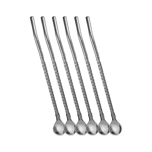 نی نوشیدنی مدل استیل قاشق دار طرح اسموتی مجموعه 6 عددی