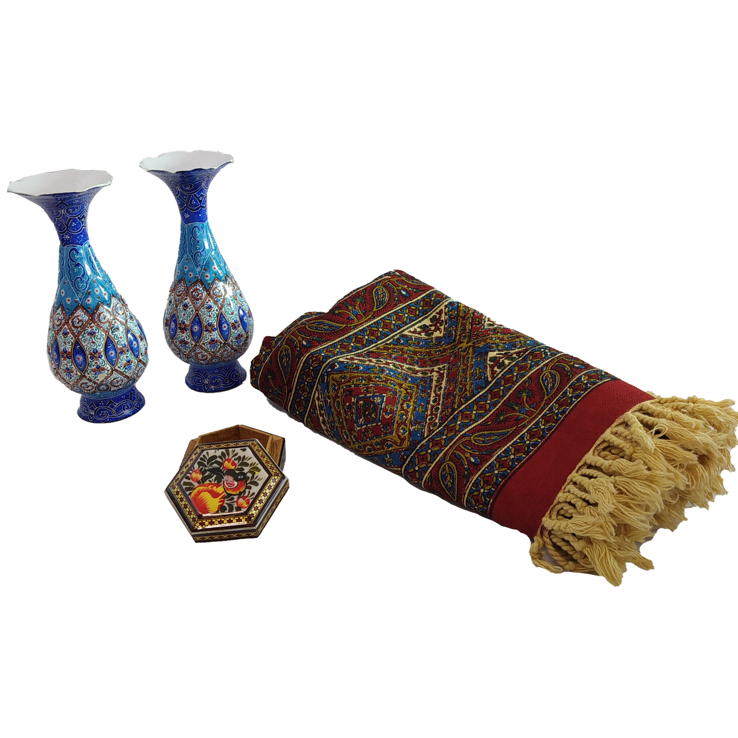 گلدان میناکاری مدل B14 کد 10 بسته دو عددی به همراه سفره قلمکار و جعبه جواهرات خاتم کاری 