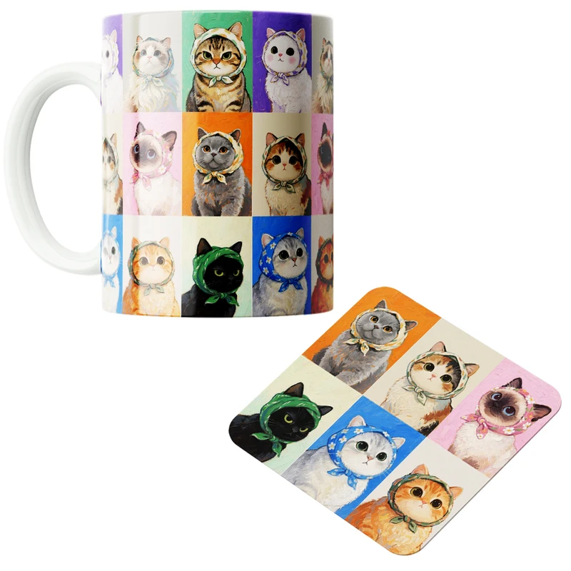 ماگ پاد آفرین مدل گربه کیوت فانتزی بامزه کارتونی کد PZ177 به همراه زیرلیوانی