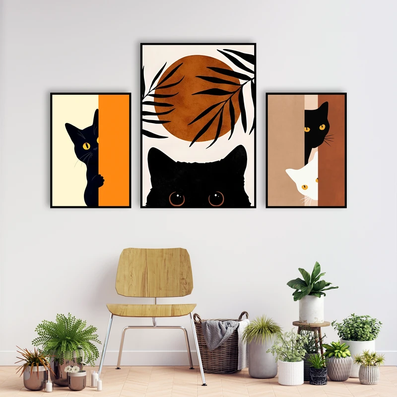 تابلو بکلیت مدل قاب شاسی طرح دکوراتیو مینیمال و هنری گربه کد B-MR-1124  فریم مشکی مجموعه 3 عددی