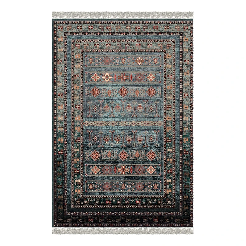 فرش ماشینی 1000 شانه هانوکس زمینه آبی حاشیه چند رنگ مدل مدرن کد L280