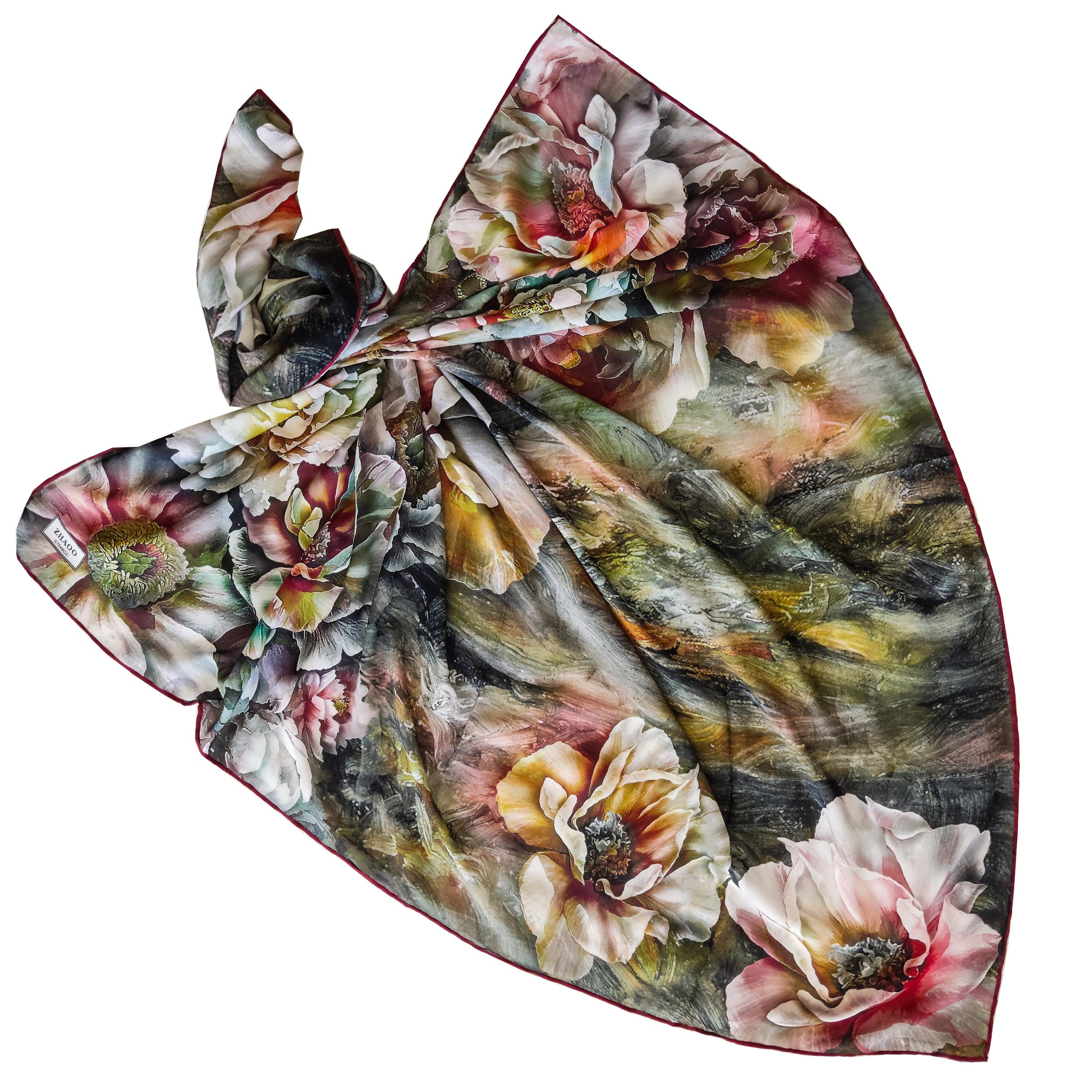 روسری زنانه زاعو مدل مجلسی ابریشمی گل های اطلسی کد 4051