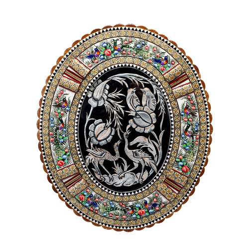 تابلو قلمزنی مدل الیپس قاب خاتم و نقاشی طرح گل و مرغ برجسته کد 46p39-1f4gr