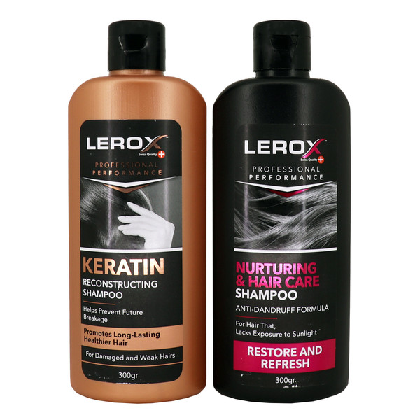 شامپو مو لروکس مدل Keratin حجم 300 میلی لیتر به همراه شامپو مو لروکس مدل Nurturing & Hair Care حجم 300 میلی لیتر