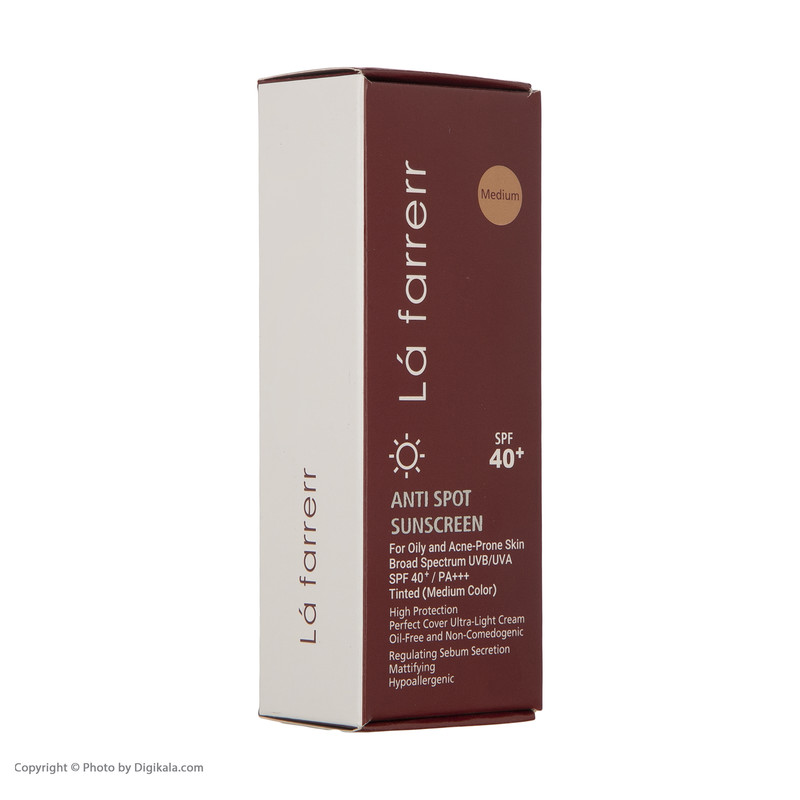کرم ضد آفتاب رنگی لافارر، مدل SPF40-Medium، مناسب پوست چرب و مستعد آکنه تنالیته رنگ متوسط و حجم 40 میلی‌لیتر، محافظت کننده در برابر اشعه UVAو UVB، فاقد چربی، ضد حساسیت، غیر کومدون‌زا، +++PA، ضد لک و آکنه، تنظیم کننده ترشح چربی، با ماندگاری 2 ساعته