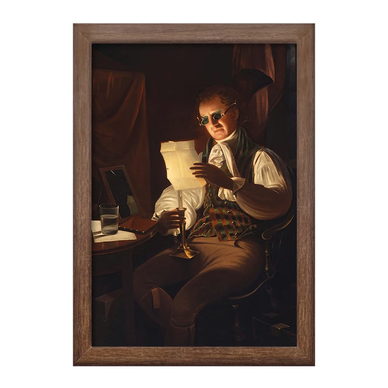 تابلو خندالو طرح نقاشی مردی که در نور شمع می خواند اثر رامبراند پیل کد F12276