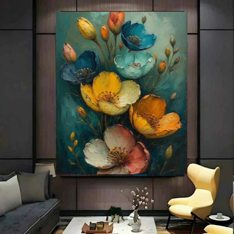 پوستر پارچه ای طرح مخمل  نقاشی رنگ روغن مدل گل های رنگارنگ کد BK57800