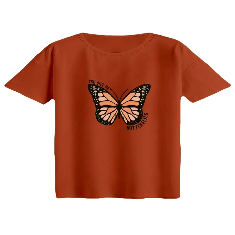 کراپ تی‌شرت آستین کوتاه زنانه مدل پروانه کد 01