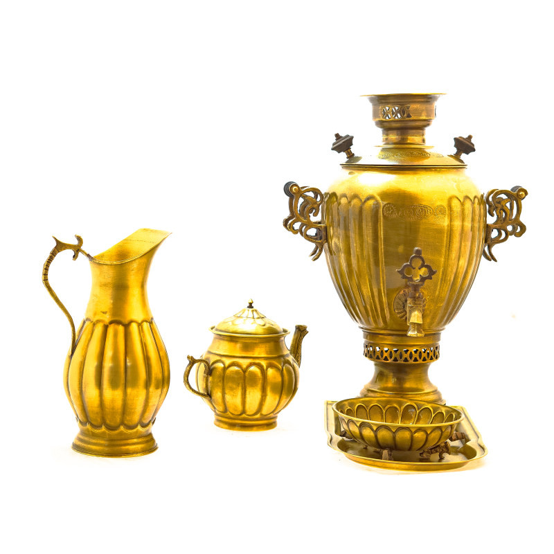 سرویس سماور ذغالی 5 پارچه برنجی مدل آناناسی کد H-1254