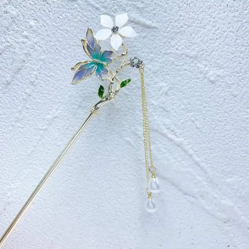 گیره مو زنانه مدل کانزاشی طرح پروانه و گل آویزدار