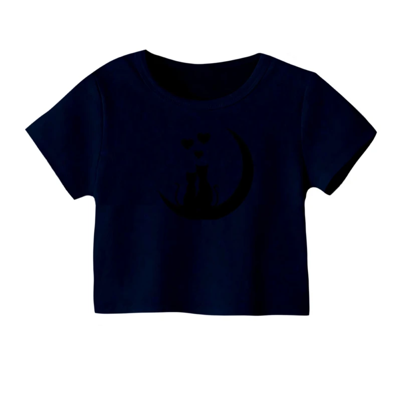 کراپ‌ تی‌شرت آستین کوتاه زنانه مدل گربه ها کد 2 رنگ سرمه ای