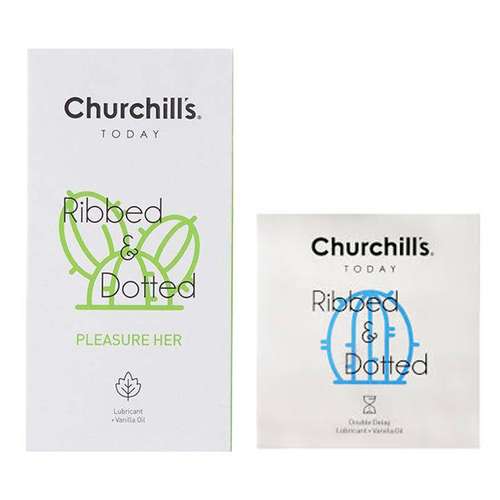 کاندوم چرچیلز مدل Pleasure Her بسته 12 عددی به همراه کاندوم چرچیلز مدل شیاردار و خاردار بسته 3 عددی