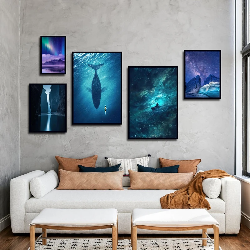 تابلو ساده بکلیت طرح طبیعت دریا و کهکشان مدل شاین اکلیلی B-3018 فریم مشکی مجموعه 5 عددی