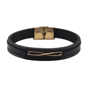 دستبند طلا 18 عیار مردانه با بند چرمی طلا و جواهر ویانا مدل بی نهایت