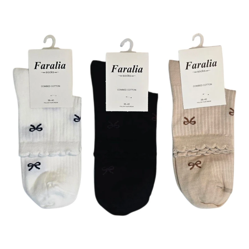 جوراب ساق کوتاه زنانه مدل پاپیونی لبه دار بسته 3 عددی