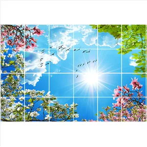 تایل سقفی آسمان مجازی طرح خورشید درخت و گل کد ST 2351-24 سایز 60x60 سانتی متر مجموعه 24 عددی