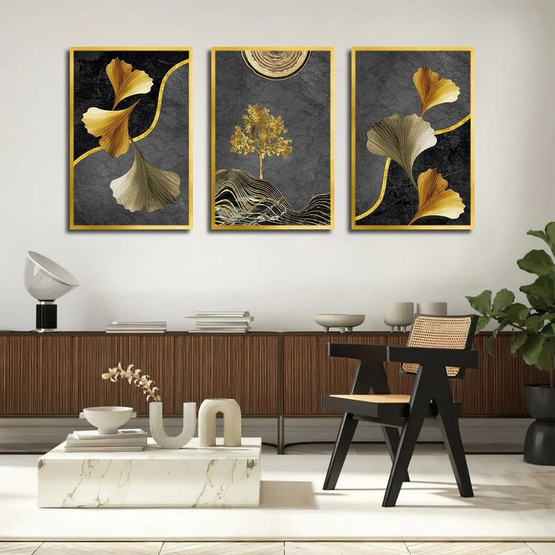 تابلو ساده بکلیت طرح درخت و گل مدل شاین اکلیلی T-2461 فریم طلایی مجموعه 3 عددی