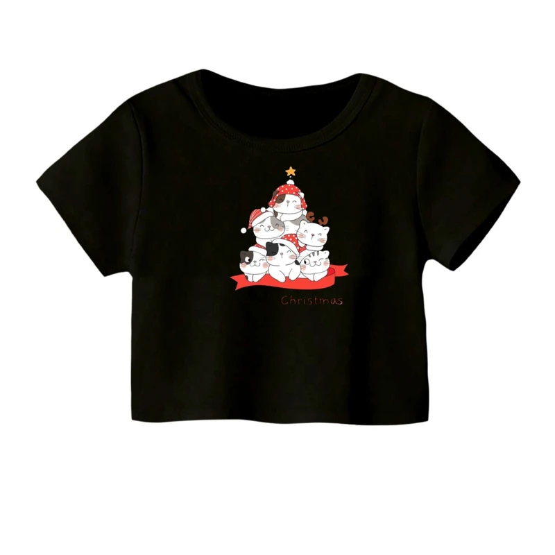 کراپ‌ تی‌شرت آستین کوتاه زنانه مدل گربه کریسمس کد 1 رنگ مشکی