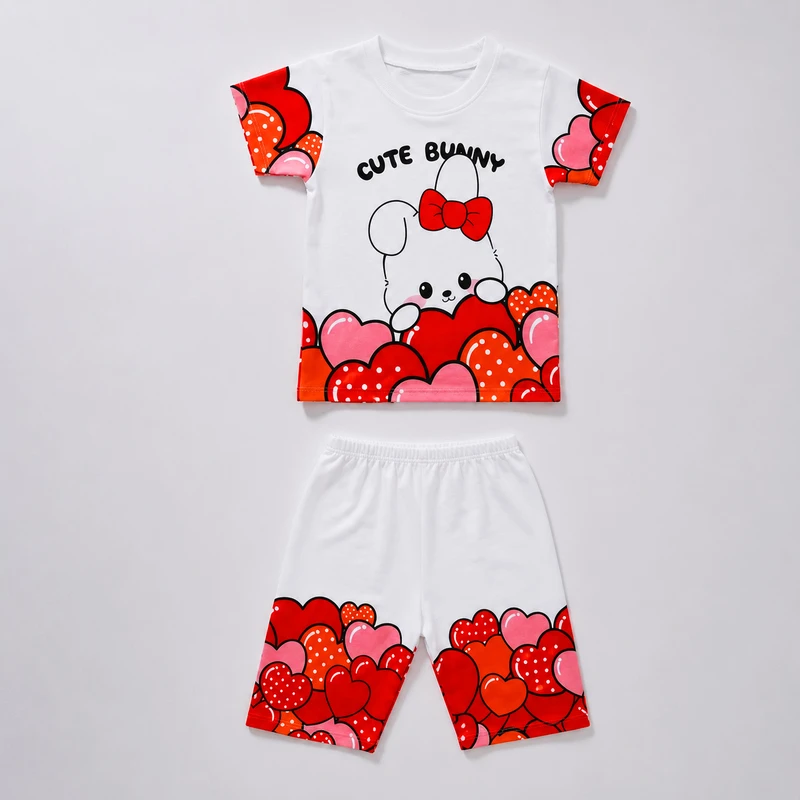 ست لباس راحتی دخترانه تی‌شرت و شلوارک مدل خرگوش و قلب Cute Bunny 02