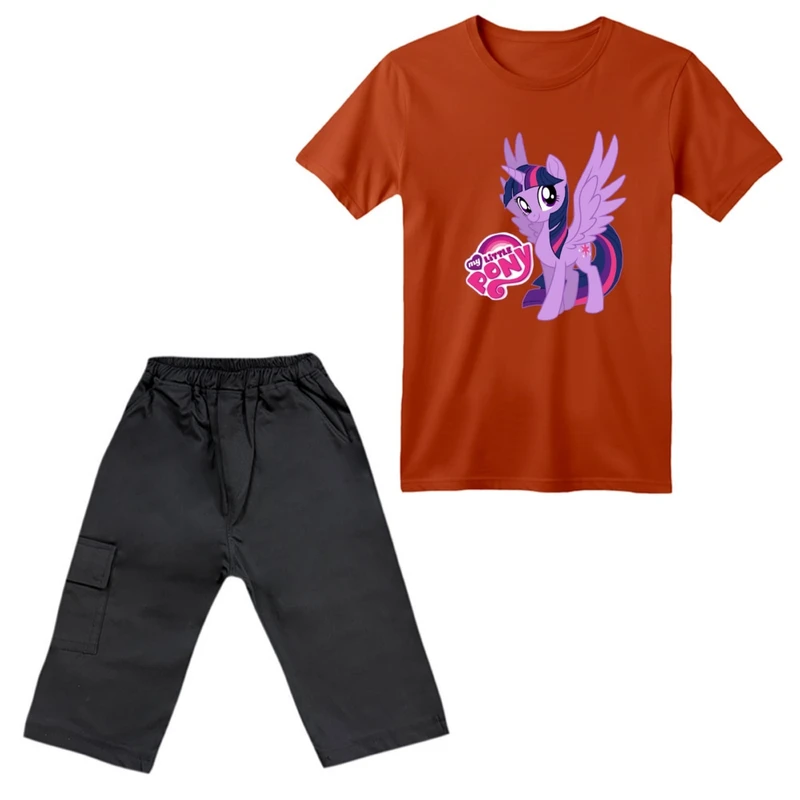 ست تی‌شرت آستین کوتاه و شلوارک دخترانه مدل اسب شاخدار