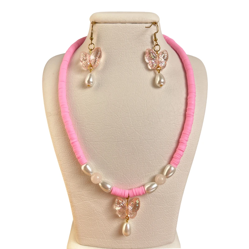 نیم ست دست ساز زنانه مدل پروانه کریستالی و آویز مروارید