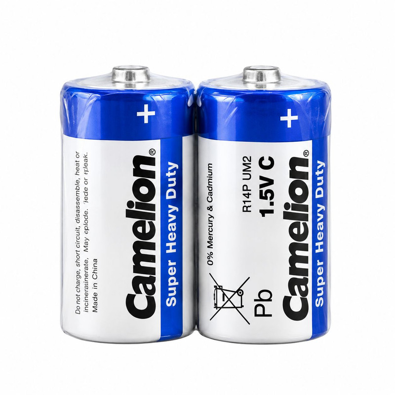 باتری متوسط C کملیون مدل Super Heavy Duty بسته 2 عددی، با تکنولوژی عادی و ولتاژ 1.5 ولت، مناسب برای چراغ‌قوه، رادیو، اسباب‌بازی و دستگاه‌های باتری‌خور متوسط
