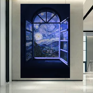 پوستر پارچه ای طرح نقاشی شب پر ستاره ونگوک مدل پنجره کد AR152