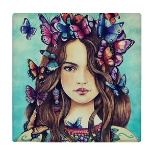  زیر لیوانی  طرح نقاشی پرتره دختر و پروانه ها کد    5775376_4159
