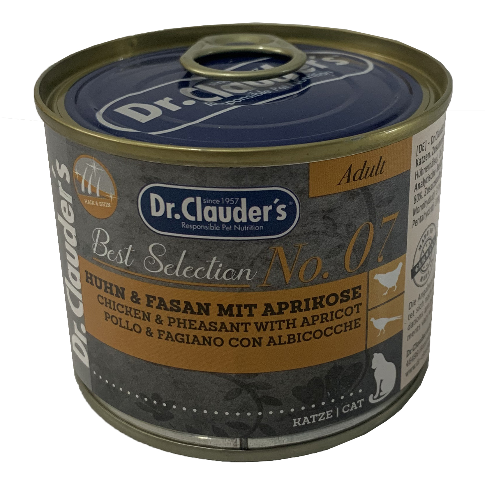 کنسرو غذای گربه دکتر کلادرز مدل No.07 Chicken & pheasant with Apricot وزن 200 گرم