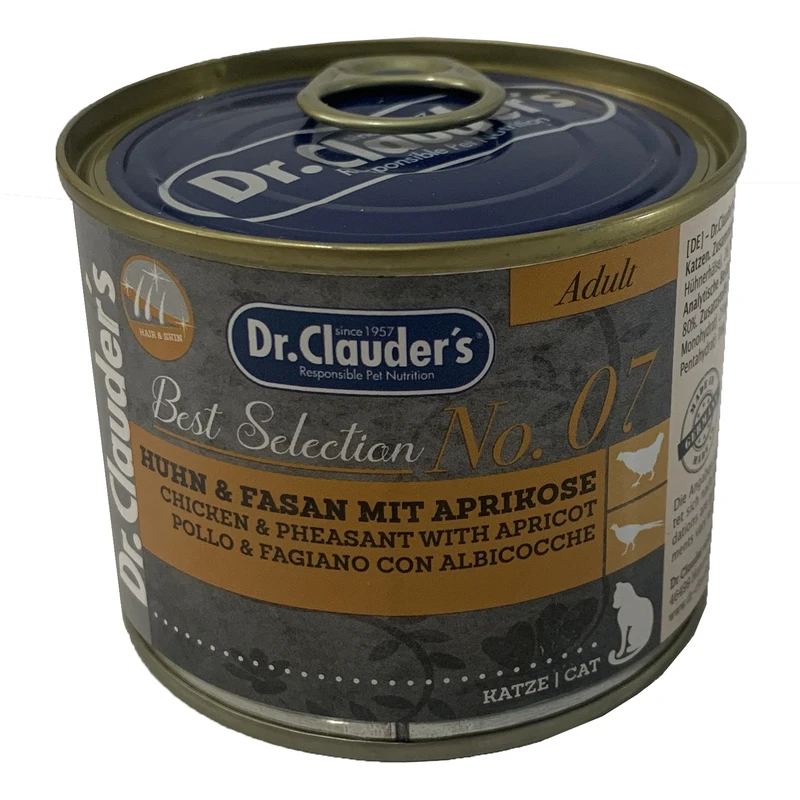 کنسرو غذای گربه دکتر کلادرز مدل No.07 Chicken & pheasant with Apricot وزن 200 گرم