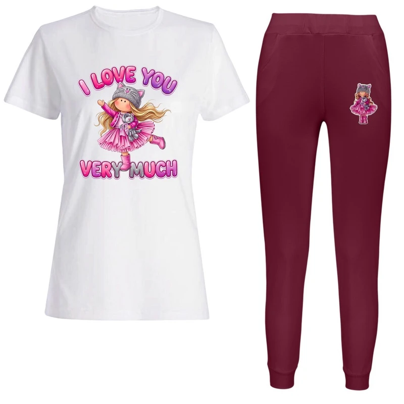 ست تی‌شرت آستین کوتاه و شلوار راحتی زنانه مدل عروسک i love you 