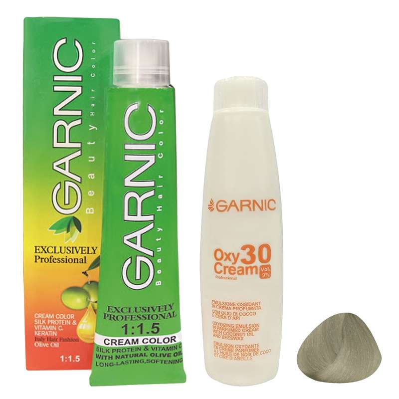 رنگ مو گارنیک شماره 10.1 حجم 120 میلی لیتر رنگ بلوند خاکستری فوق العاده روشن به همراه اکسیدان مدل 30vol نه درصدی حجم 180 میلی لیتر