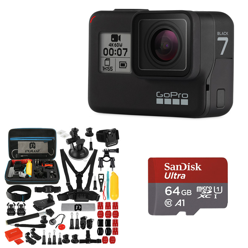 دوربین فیلم برداری ورزشی گوپرو مدل HERO7 Black Quick Stories به همراه کارت حافظه سن دیسک و لوازم جانبی پلوز