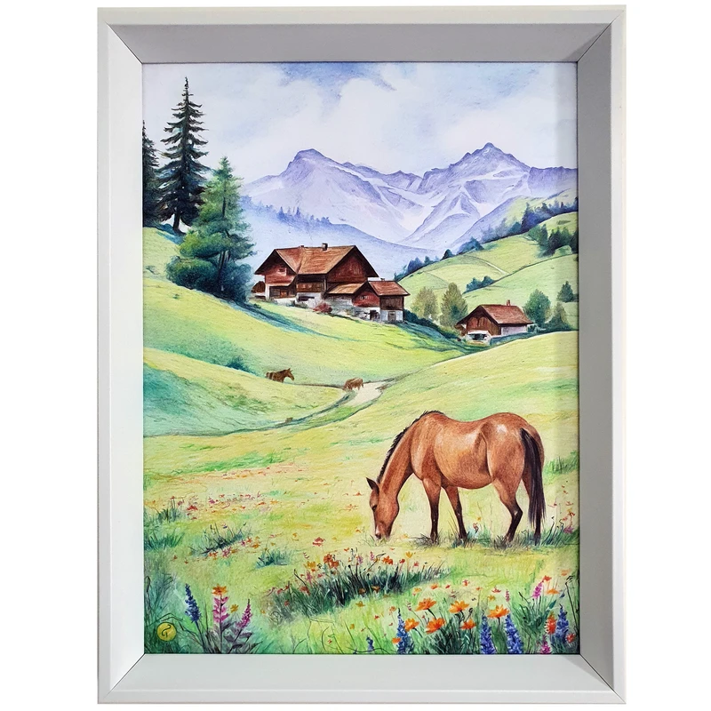 تابلو نقاشی مدادرنگی به سبک رئالیسم طرح اسب و کلبه کد ۸۰