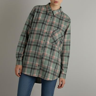 شومیز مانتویی ایکس‌ساید مدل W414259Z8، نخ و پشم، چهارخانه، آستین بلند، یقه برگردان، تن‌خور آزاد، قد زیر باسن، مناسب روزمره و مجلسی