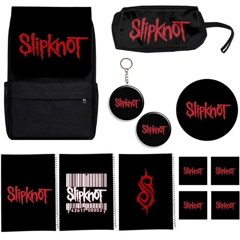 کوله پشتی طرح slipknot کد A3 به همراه دفتر مشق و جامدادی و زیر لیوانی و جاکلیدی مجموعه 12 عددی