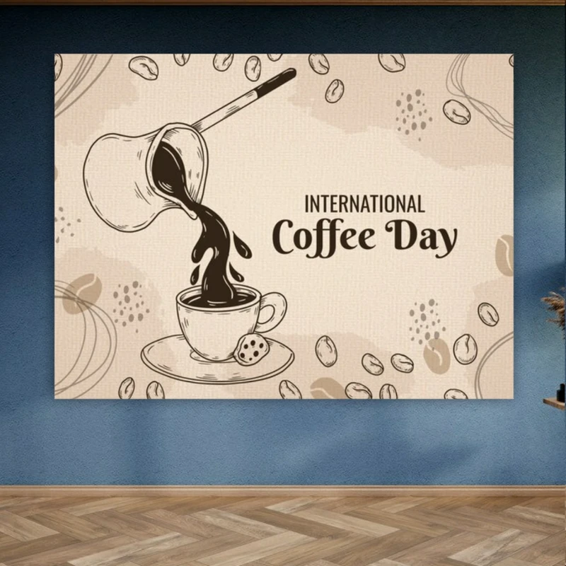 پوستر پارچه ای طرح مخمل فنجان قهوه مدل روز جهانی قهوه کد FP1056713