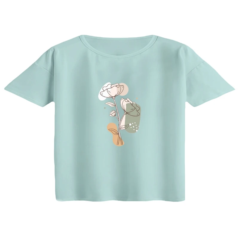 کراپ تی‌شرت آستین کوتاه زنانه مدل مینیمال گل رنگ آبی روشن