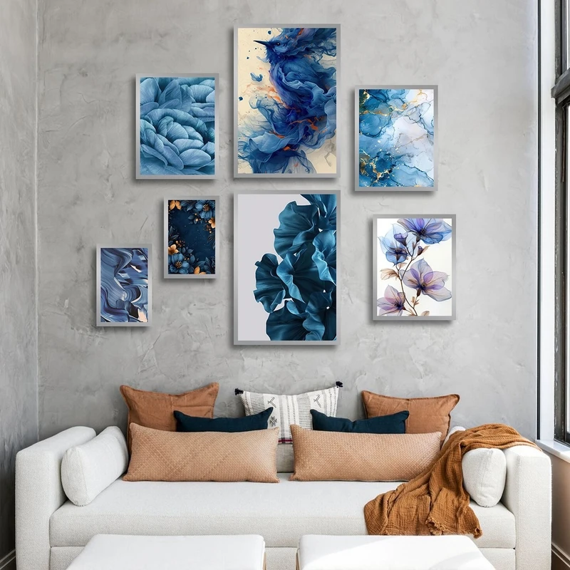 تابلو بکلیت طرح نقاشی آبرنگی و گل آبی مدل SI-2754 مجموعه 7 عددی