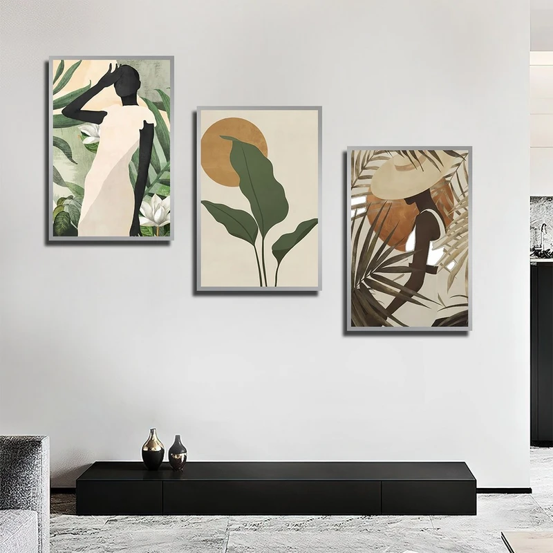 تابلو بکلیت طرح نقاشی چهره و برگ سبز مدل SI-3865 فریم نقره ای مجموعه 3 عددی