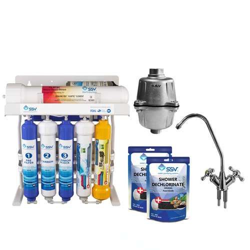 دستگاه تصفیه آب اس اس وی مدل PureLine 2W X1000 Packed SSCH به همراه شیر دوکاره و فیلتر دوش و شارژ یدک وزن 140 گرم مجموعه 2 عددی