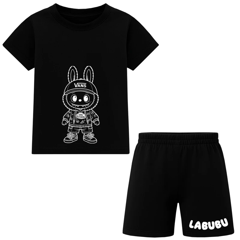 ست تی شرت آستین کوتاه و شلوارک راحتی دخترانه مدل E13 طرح LABUBU