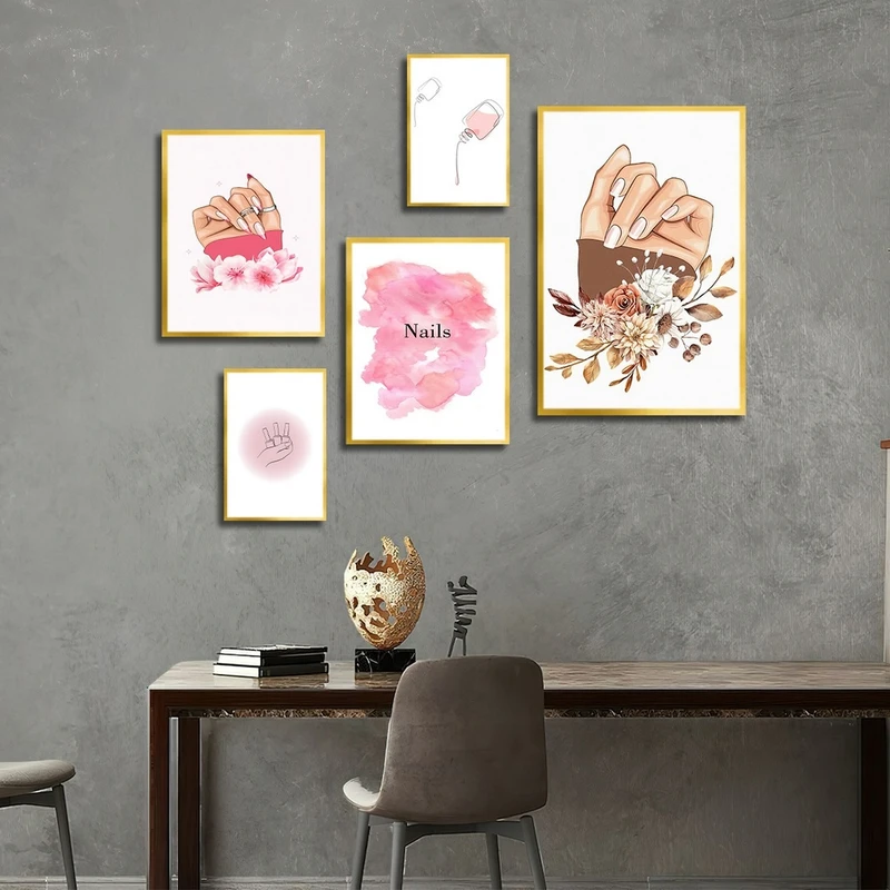 تابلو ساده بکلیت طرح آرایشی کاشت ناخن و لاک مدل شاین اکلیلی T-2726 فریم طلایی مجموعه 5 عددی