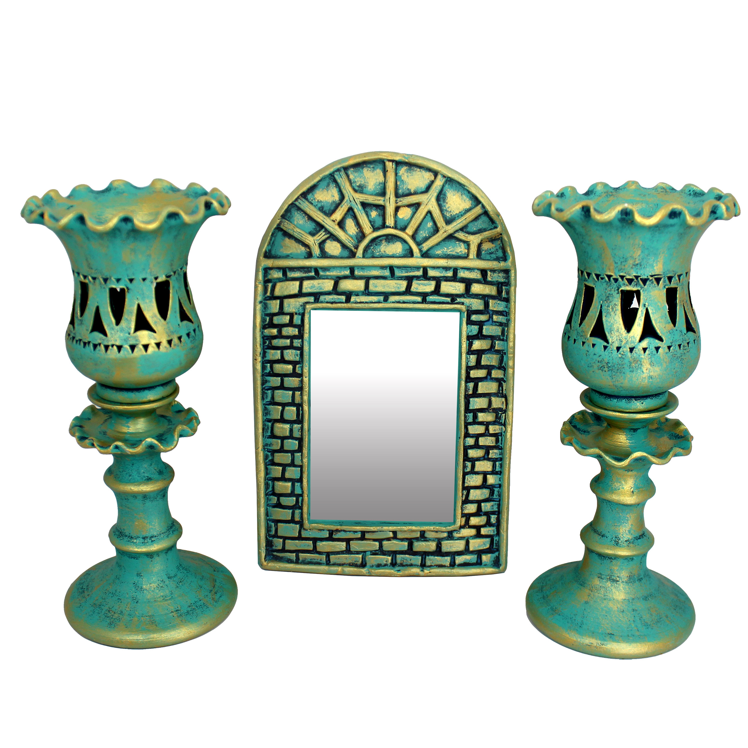ست آینه و شمعدان دست نگار طرح درب سنتی مجموعه 3 عددی