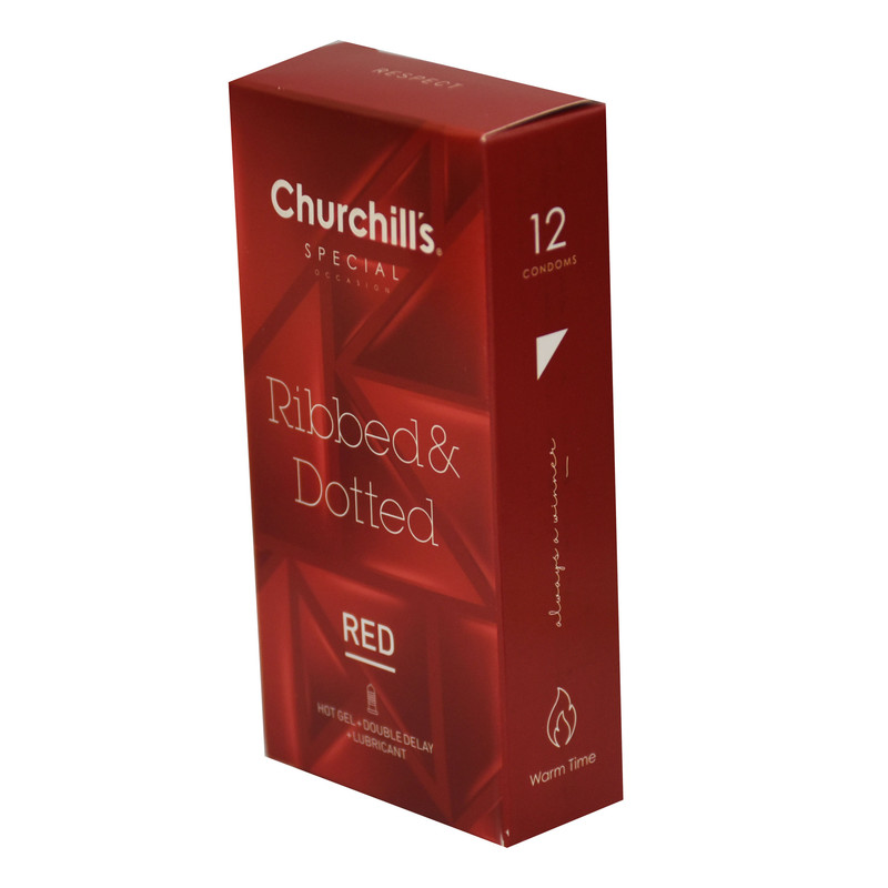 کاندوم چرچیلز مدل Ribbed & Dotted Red بسته 12 عددی