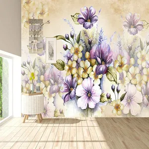 پوستر دیواری سه بعدی مدل گل نقاشی رنگی بنفش زرد DVRF2243