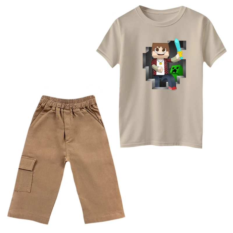 ست تی‌شرت و شلوارک پسرانه مدل ماینکرفت کد 8 رنگ کرم